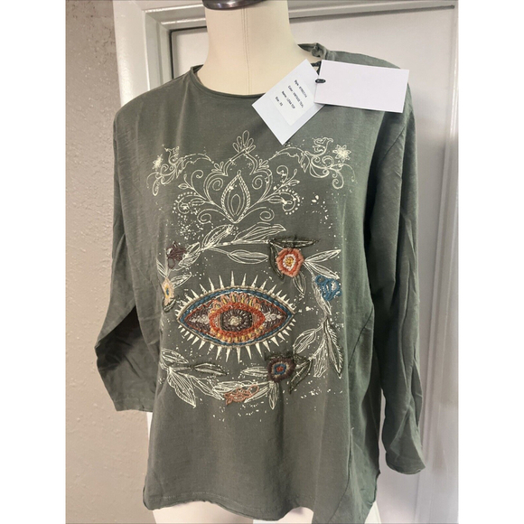 Women’s  Embroidered Blouse Green Distressed Kyla Seo comfort - Picture 2 of 12
